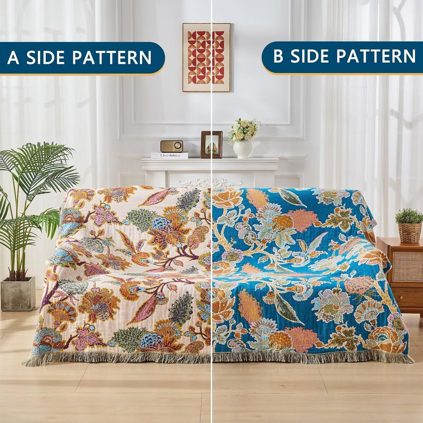 100% Muslin Throw Blanket for Couch, Butterfly and Floral Double Embroidery Fall Throw Blanket 60"x80" for Sofa, Chair, Woven Cotton Reversible Mexican Blanket