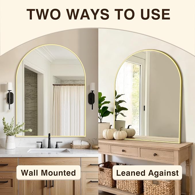 Vanity Bathroom Mirror for Wall, 40"x30" Arched Bathroom Mirror for Over Sink, Arched Metal Frame for Bedroom, Living Room, Entryway, Hanging or Leaning, Gold