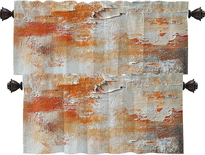 Shrahala Brushstrokes of Paint Blackout Short Curtains for Windows, Orange Grey Canvas Texture Kitchen Valance Thermal Insulated Rod Pocket Window Treatment for Bathroom 2 Pack 52 X 16 in