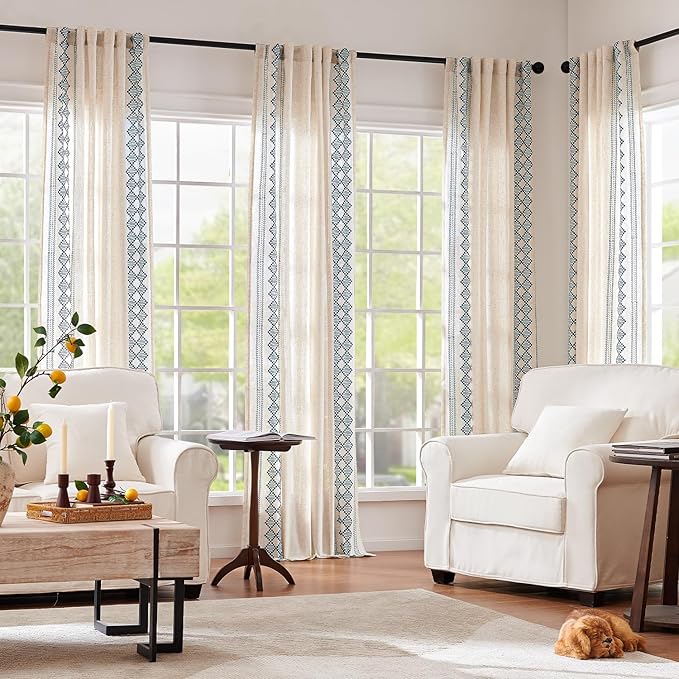jinchan Boho Curtains Linen Blend Beige Farmhouse Curtains 84 Inches Long for Living Room Blue Square Embroidered Bordered Back Tab Bedroom Window Light Filtering Bohemian Drapes 2 Panels