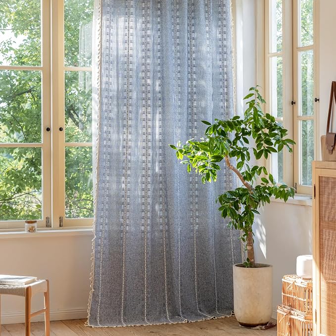 Deeprove Denim Blue Boho Curtain 84 inches Length for Bedroom Dining Room, Western French Bohemian Sheer 84 inches Long Stripe Embroidery Privacy Window Tassel Cottagecore W52 x L84, 1 Panel