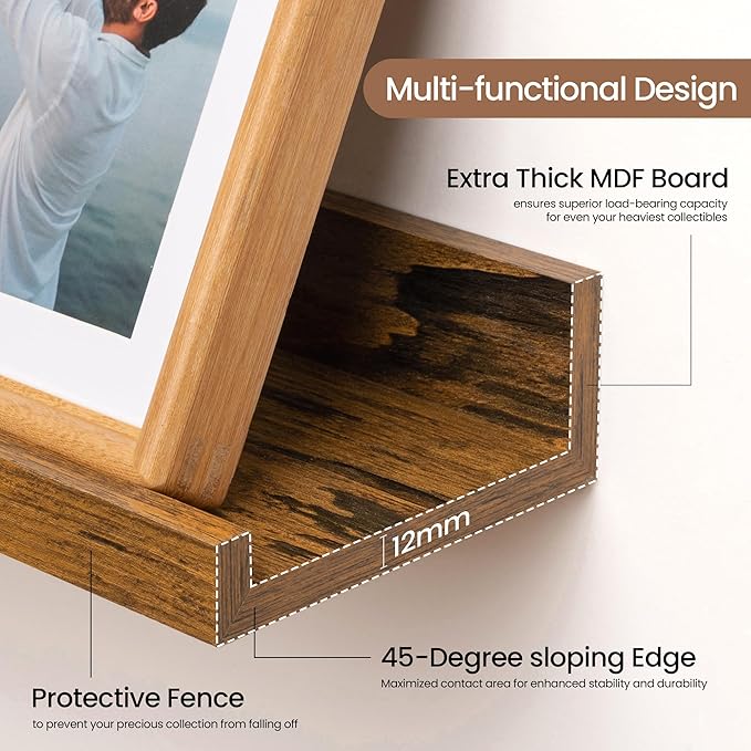 Fun Memories Picture Ledge Shelf, 40 Inch Floating Shelves Set of 2, Large Nursery Book Shelves for Toys Storage, Kids Bookshelf Wall Mounted for Wall Decor Books Photo Frames, Rustic Brown