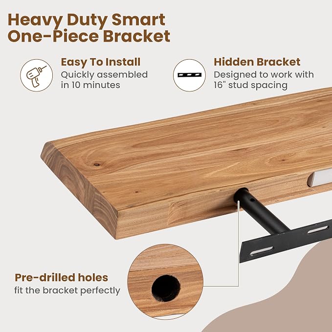 Floating Shelves for Wall, Rustic Solid Elm Wood Live Edge Floating Shelves Wall Mounted, Wall Shelves with Invisible Bracket for Living Room Bedroom Bathroom Kitchen, 15.7 Inch Set of 2, Natural
