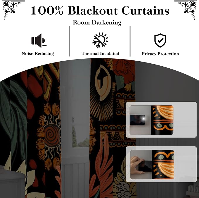 Tyrot 100% Blackout Black Boho Floral Curtains for Living Room 72 inch Long 2 Panels Mid Century Botanical Black Out Curtains for Bedroom Grommet Thermal Insulated Room Darkening Window Drapes,52Wx72L