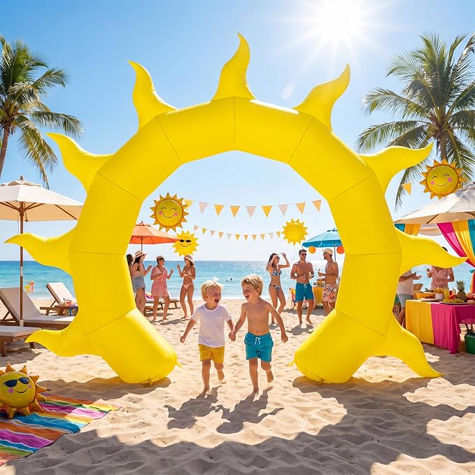 Seenelling 12 FT Summer Sun Inflatable Archway with LED Lights, Giant Sunshine Blow Up Arch Decoration for Baby Shower, Birthday, Beach Pool Party and Outdoor Yard Lawn Decor