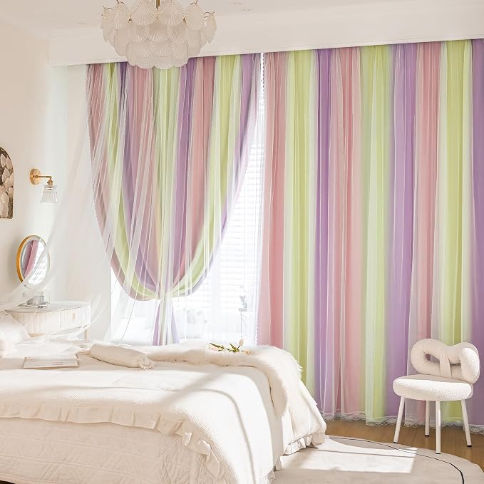 XiDi Blackout Curtains with Sheer Overlay for Girls Bedroom 84 Inches Long 2 Panels Pink Yellow Purple Rainbow Blackout Curtains for Little Girl Kids Room Decor Living Room Grommet Drapes 52x84