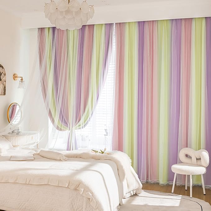 XiDi Pink Yellow Curtains 84 Inches Long 2 Panels for Girls Bedroom Blackout Curtains with Sheer Overlay for Kids Princess Nursery Room Darkening Mix & Match Double Layer Grommet Drapes W34 X L84