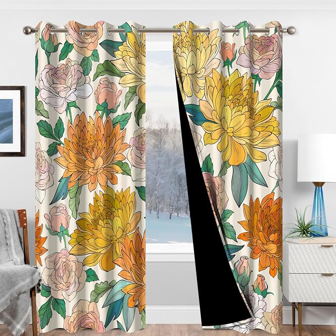 Boho Blackout Curtains for Bedroom and Living Room, Thermal Insulated Spring Floral Black Out Curtains 84 Inches Long 2 Panels Set with Curtain Tiebacks, Farmhouse Soundproof Grommet Darkening Drapes