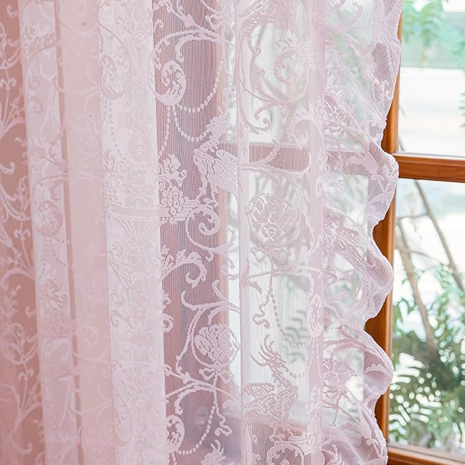 TUDECO Pink Boho Curtains for Bedroom 2 Panels - Kawaii Sheer Flower Pattern Pink Ruffle Curtains for Kids Girl Room, Aesthetic Light Filtering Rod Pocket Love Shack Fancy Room Decor, 59 x 72 Inch
