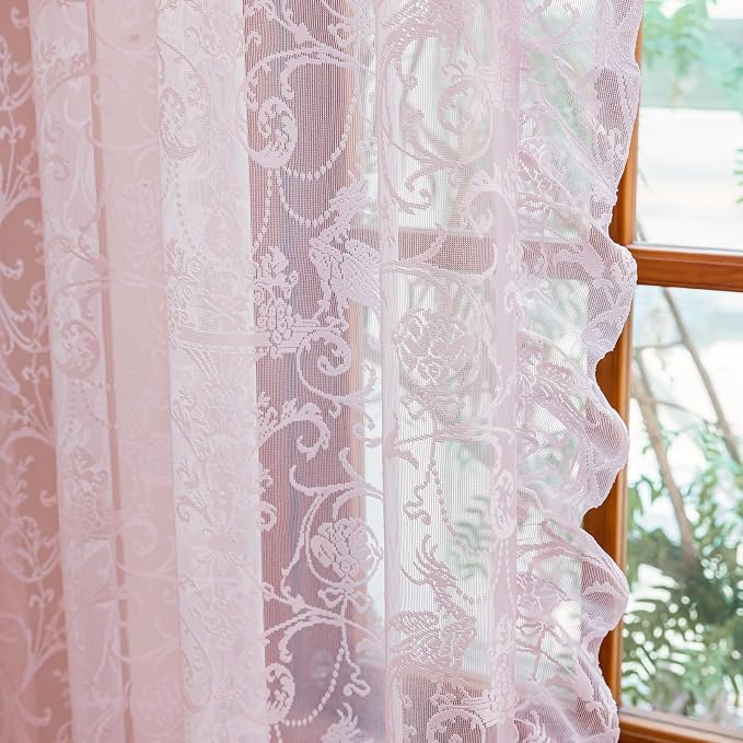 TUDECO Pink Lace Curtains 63 Inch Length - Cute Princess Short Girly Panels for Nursery Bedroom, Kawaii Ruffled Rod Pocket Privacy Princess Curtains, 59 x 63 Inch, Light Pink