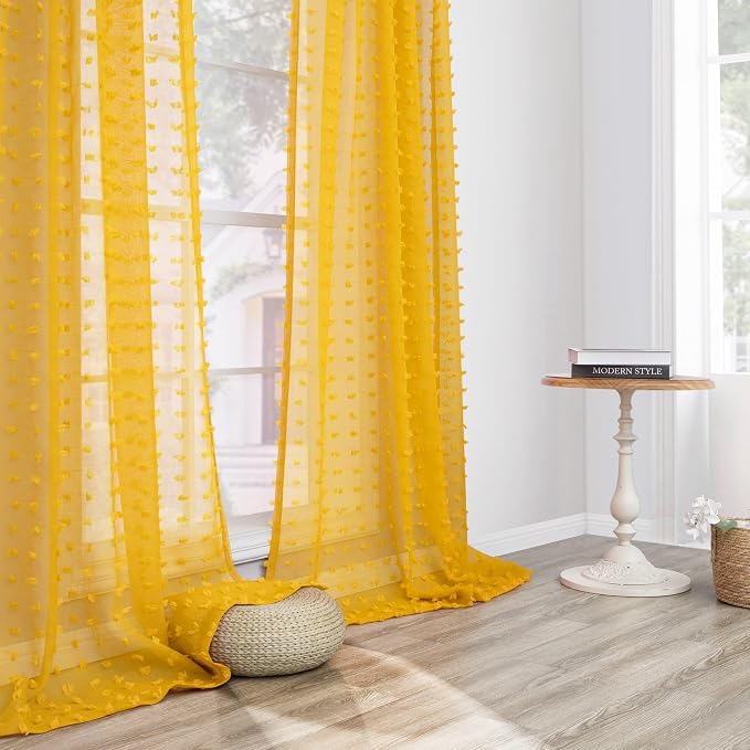 Mustard Yellow Pom Pom Curtains 96 Inches Long for Living Room Bedroom Mid Century Modern Decor Semi Sheer Bohemian Farmhouse Curtains for Dining Room Kids Playroom Back Tab Gold Yellow 96 Inch Length