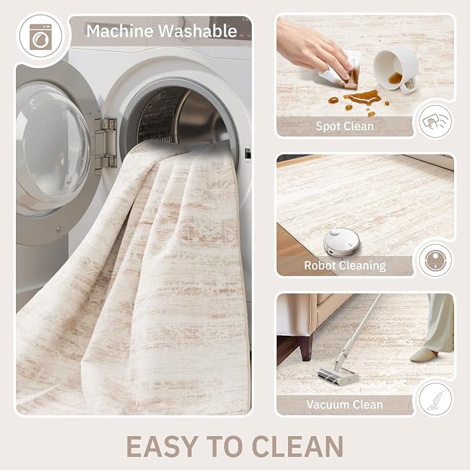 Soalmost 6x9 Area Rugs for Living Room, Washable Neutral Rug Beige Ivory | Vintage Floral Soft Stain Resistant Non-Slip Low Pile Thin Carpet for Dining Room Bedroom Kitchen Home Office Nursery 6'x9'