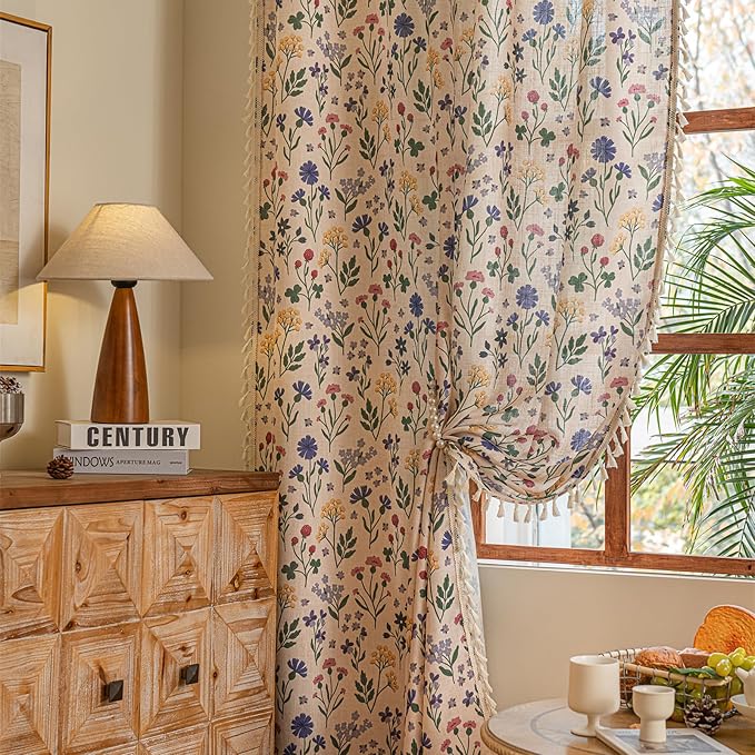 Deeprove Boho Curtains 63 Inches Length 2 Panels with Tassel, Colorful Herbs Florals Print Textured Window Drapes for Living Room Bedroom Farmhouse Country Chic Style Privacy, 52W x 63L