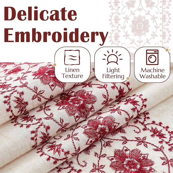 jinchan Boho Curtains for Bedroom Red Vintage Floral Farmhouse Curtains 63 Inch Linen Blend Drapes for Living Room Embroidered Light Filtering Drapes Rod Pocket Red on Beige 2 Panels