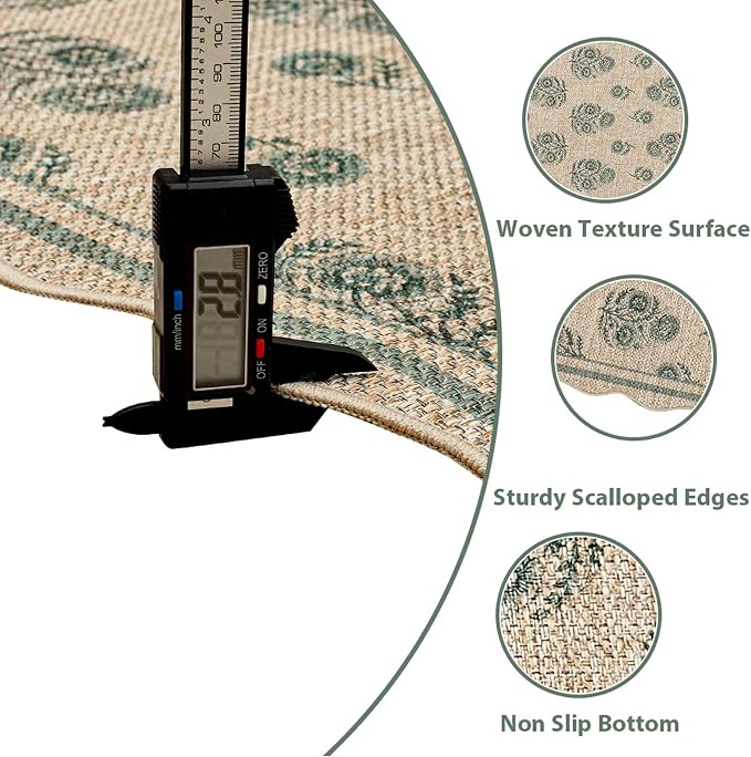 ORTIGIA Scalloped Easy Jute 3x5 Area Rug Vintage Green Floral Accent Farmhouse Washable Rug Non-Slip Indoor Outdoor Carpet for Living Room Bedroom Kitchen Patio Entryway