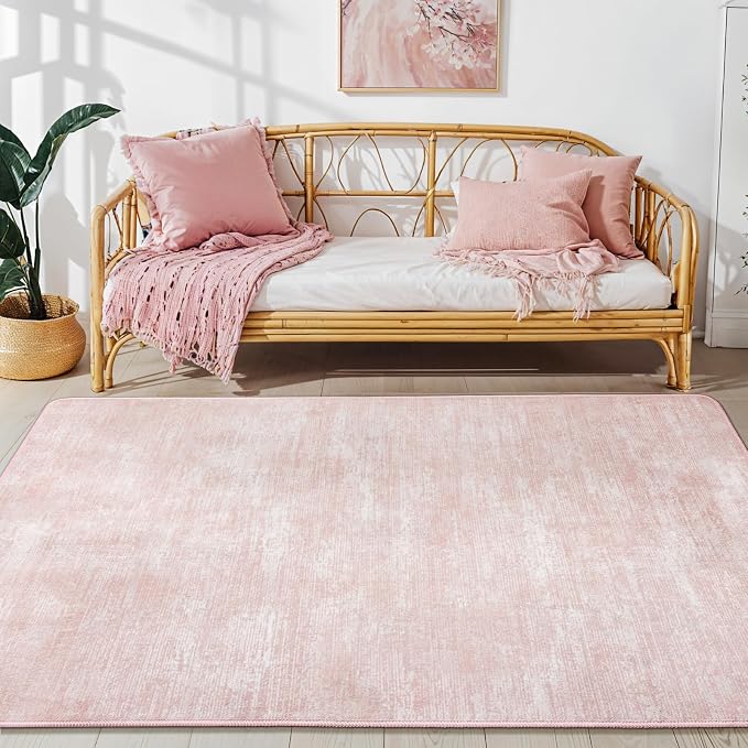 4x6 Washable Area Rug, Pink Solid Area Rugs for Living Room & Bedroom | Stain-resistant & Non-slip backing,Low Pile Washable Large Carpet, Solid Vintage Style For High Traffic Areas(4x6,Pink)