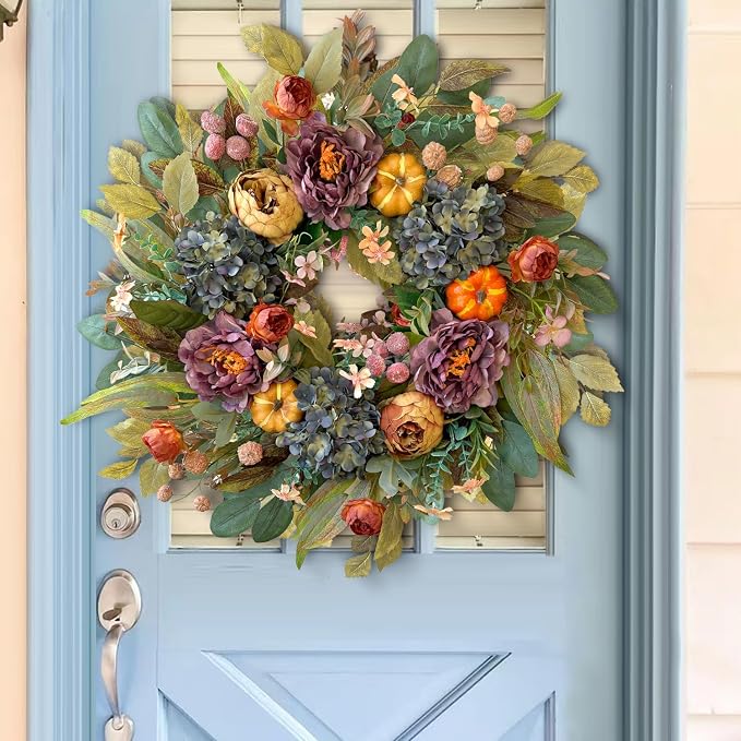 WANNA-CUL 24in Fall Front Door Wreath,Hydrangea Peony Pumpkin Harvest Decor | Twig-base Autumn wreath, Thanksgiving Farmhouse decor with storage box for reuse, indoor outdoor seasonal gift