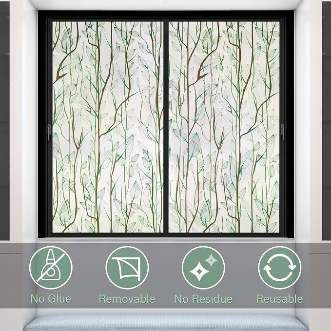 Donox Frosted Glass Window Film Heat Control UV Blocking, Static Cling Reusable Home Bathroom Door Window Privacy Film, Green Leaf Pattern Window Covering with Installation Tool, 23.6 in x 6.5 feet