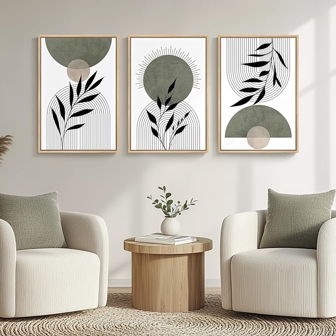 Framed Boho Sage Green Wall Art for Living Room, 3 Piece Large Abstract Botanical Canvas Artwork Decor, Beige White Sun Moon Geometric Leaf Painting Prints for Bedroom Dining Room Office 16x24 Inch