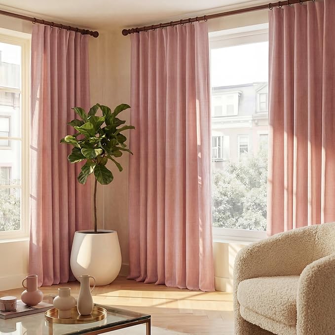 NICETOWN Full 100% Blackout Pink Linen Curtains with White Liner, Thermal Soundproof 3-in-1 Weighted Drapes Multi-Hanging Options (Hook Belt) for Nursery & Bedroom, 2 Panels, 52" W x 108" L