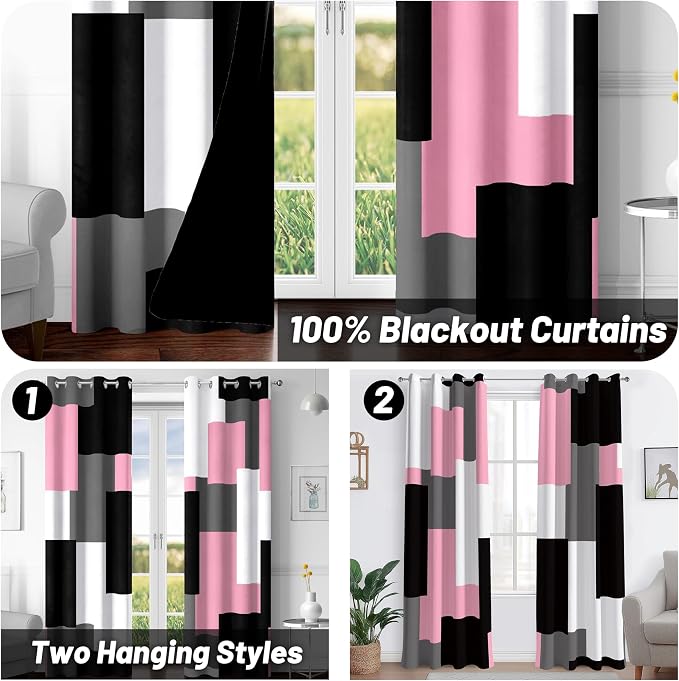 Tyrot Pink 100% Blackout Curtains for Bedroom 72 inch Length 2 Panels Set Grey Modern Abstract Geometric Black Out Curtains Insulated Room Darkening Window Drapes for Living Room, 52Wx72L