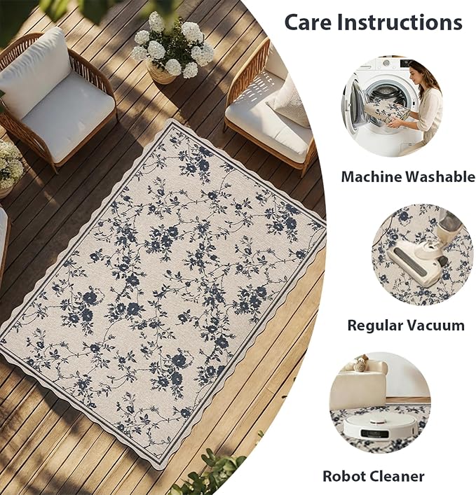 ORTIGIA Scalloped Easy Jute 5x7 Area Rug Vintage Black Floral Farmhouse Washable Rug Non-Slip Indoor Outdoor Carpet for Living Room Bedroom Patio Entryway