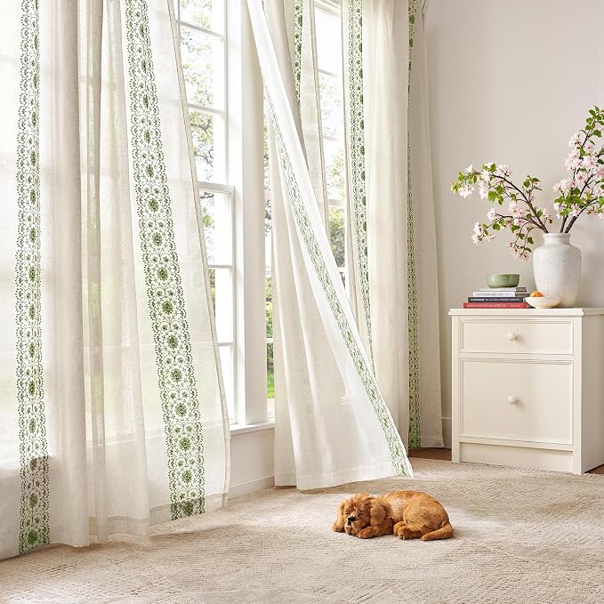 jinchan Weslie Boho Curtains for Bedroom Sage Green Vintage Floral Farmhouse Curtains 63 Inch Linen Drapes for Living Room Embroidered Light Filtering Drapes Rod Pocket Sage on Beige 2 Panels