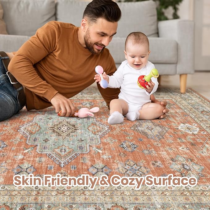Vintage Living Room Area Rug 5x7 - Large Soft Washable Oriental Traditional Distressed Farmhouse Rugs for Bedroom - Indoor Floor Accent Carpet for Home Office House Decor - Orange