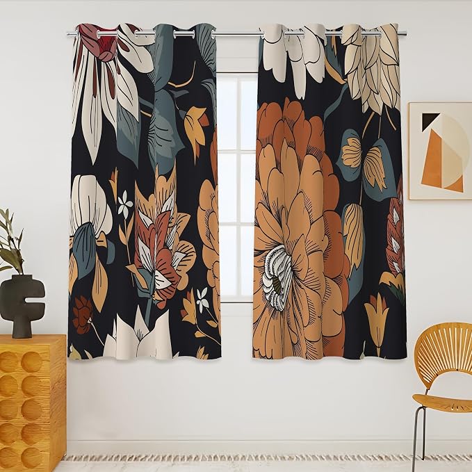 Tyrot Black Boho Floral 100% Blackout Curtains 45 Inch Long 2 Panels Mid Century Modern Botanical Grommet Thermal Insulated Room Darkening Black Out Window Drapes for Kitchen, 52Wx45L
