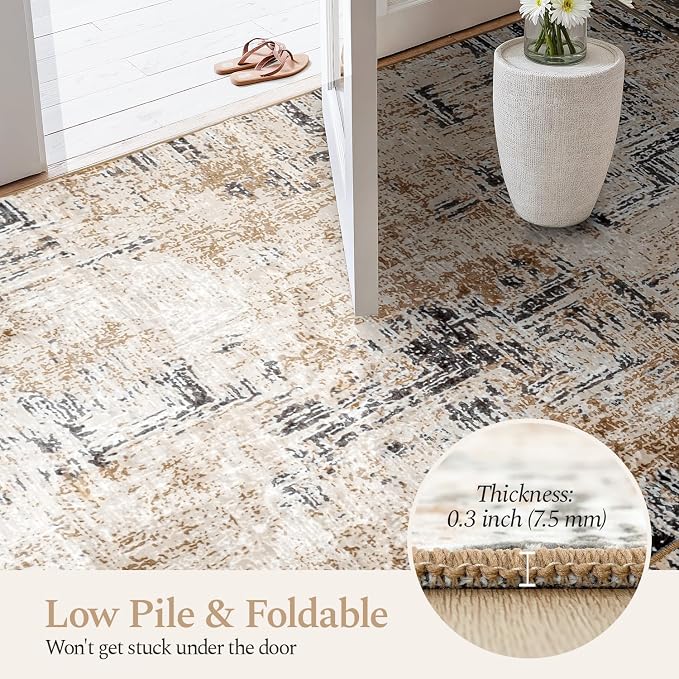 Rugflix 8x10 Washable Area Rugs, Neutral Boho Carpet Living Room Rug Non Slip Stain Resistant, Large Area Rug for Indoor Bedroom Dining Room Office, Brown