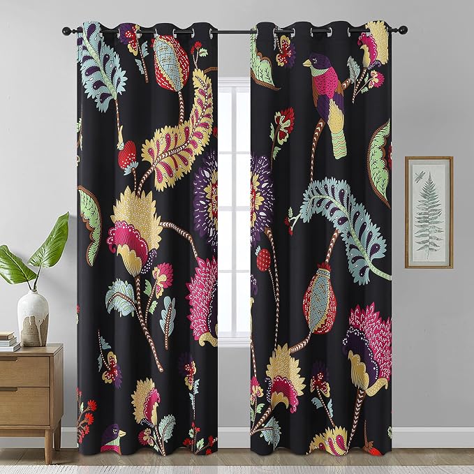 Estelar Textiler Bird and Floral Blackout Curtains for Bedroom,Boho Colorful Flowers Grommet Thermal Insulated Room Darkening Window Curtains for Living Room,52Wx90L Inches, 2 Panels