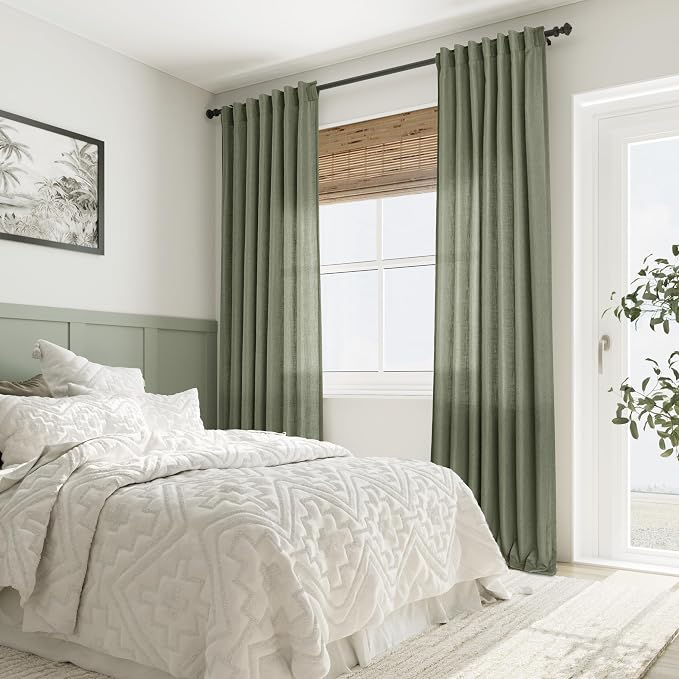 Aersas Olive Green Semi Sheer Long Curtains 120 Inch Length for Living Room 2 Panel Set Back Tab Rod Pocket Linen Textured Privacy Light Reducing Farmhouse Curtain for Dining Room 52x120