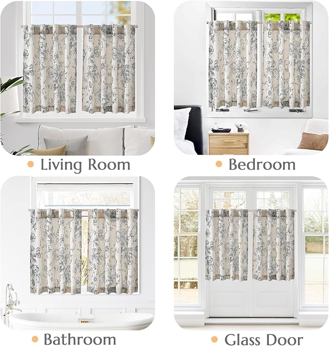 jinchan Linen Floral Tier Curtains 36 Inch Farmhouse Botanic Grey Cafe Curtains Light Filtering Drapes for Small Windows Back Tab Half Window for Kitchen Living Room Bathroom 2 Panels Gray
