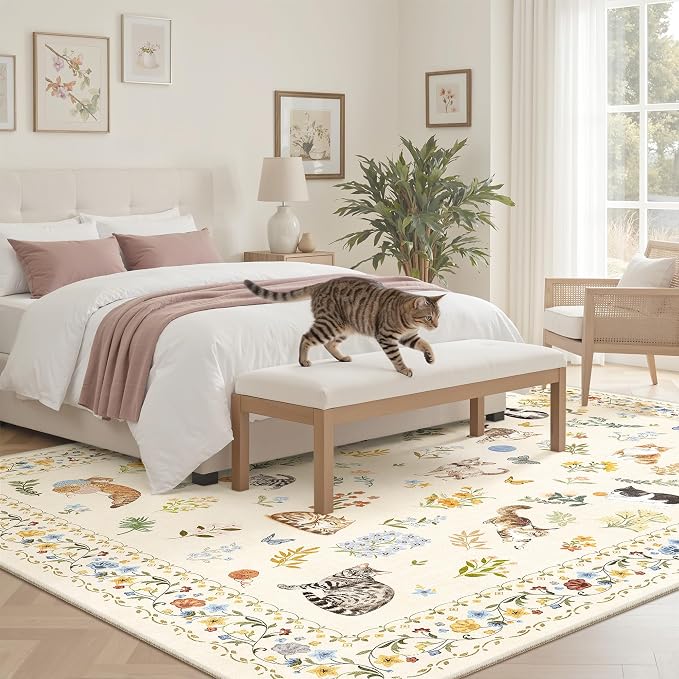 Soalmost Cat 6x9 Area Rugs for Living Room, Machine Washable Animal Floral Vintage Rug Non-Slip Low Pile Soft Throw Rugs for Bedroom Dining Room Kitchen Nursery Playroom (6 x 9,Beige)