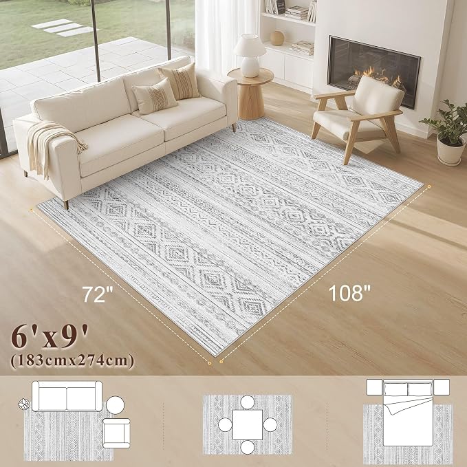 cotiled 6x9 Area Rugs Living Room Rug: Washable Boho Rugs with Non Slip Backing Large Soft Indoor Stain Resistant Carpet for Bedroom Farmhouse Dining Room Lightweight Home Decor Light Grey