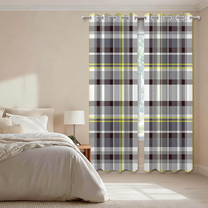 Shrahala Grunge Vintage Art Plaid Blackout Window Curtains, Tartan Grey Thermal Insulated Curtains Grommet Top Window Drapes for Living Room, Bedroom (2 Panels,52 x 63 in)