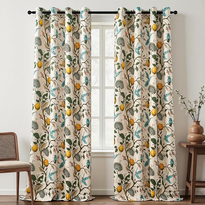 Topfinel Floral Curtains 90 Inches Long 2 Panels Unique Natural Beige Luxury Elegant Colorful Euro Flower Hummingbird Patterned Rustic Vintage Grommet Drapes for Classroom Room Office Closet 52x90