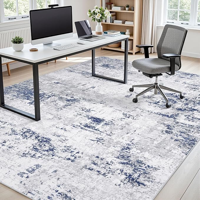 Area Rugs 9x12 Living Room: Large Modern Abstract Washable Rug Soft Indoor Anti Slip Carpet for Under Dining Table Bedroom Nursery Home Office Night Blue Grey