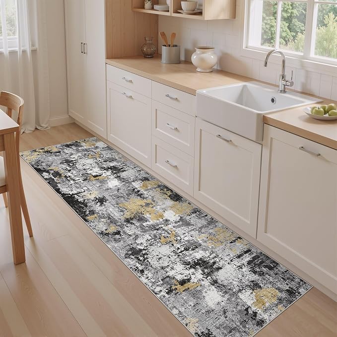 Abstract 2x8 Runner Rug: Machine Washable Non Slip Ultra Thin Low-Pile Carpet, Soft Stain Resistant for Hallway Kitchen Bathroom, Kid Pet Friendly, Robot Vacuum Compatible - Black Gold