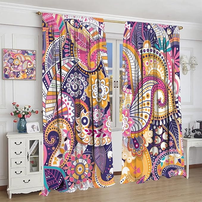 Boho Curtains, Abstract Pelis Boho Brown Vintage Floral Ethnic Tribal Blossom Print, Blackout Curtains for Bedroom Living Room63X63 Inch