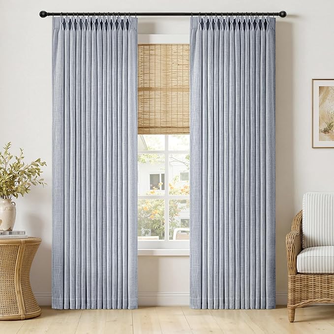 MIULEE Pinch Pleated Thick Linen Curtains 90 Inches Long 2 Panels for Living Room Bedroom, Linen Textured Memory Trained Pleat Drapes Back Tab Light Filtering Light Blue Window Curtains with Hooks