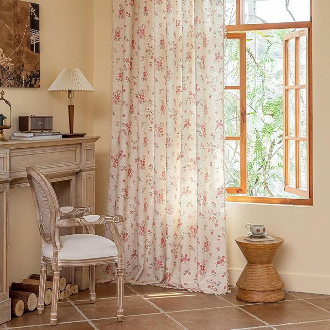 OYX Pink Floral Curtains 96 Inch Long 2 Panels, French Vintage Farmhouse Patterned Decor Window Drapes with Tassels, Light Filtering Semi-Sheer for Bedroom Living Room,Rod Pocket, 52W x 96L