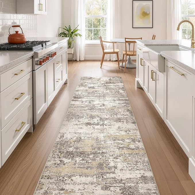 Hallway Washable Runner Rug: 3x8 Abstract Modern Soft Stain Resistant Non-Slip Backing Runner for for Entryway Kitchen Laundry - Gold Brown
