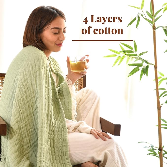 Folkulture 100% Cotton Boho Throw Blanket, 50" X 60", Green and Sage Green