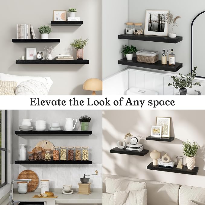 Black Floating Shelves for Wall, 7.9" Deep Wall Mounted Floating Shelves for Bedroom, for Wall, Living Room, Kitchen, for Books/Storage/Room Decor (Black, 16")