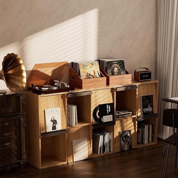 Wood Vinyl Record Storage, Retro & Durable Vinyl Crate and Record Holder, Album Storage Record Case Box for 60+ Records, Perfect Record Organizer for Home Decor and Collection Display(Brown)