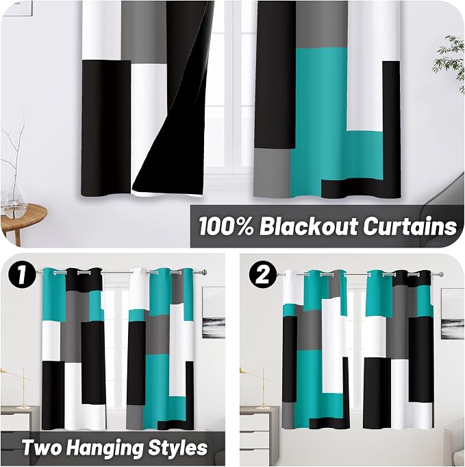 Tyrot Teal/Turquoise 100% Blackout Curtains 45 inch Length 2 Panels Set Black White Grey Modern Abstract Geometric Drapes for Kitchen Curtains Insulated Room Darkening Small Window Curtains, 42Wx45L