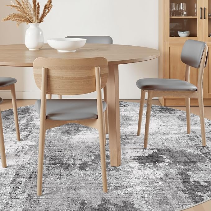 Abstract 8FT Round Rug: Machine Washable Non Slip Ultra Thin Low-Pile Carpet, Soft Stain Resistant for Living Dining Room Bedroom, Kid Pet Friendly, Robot Vacuum Compatible - Grey