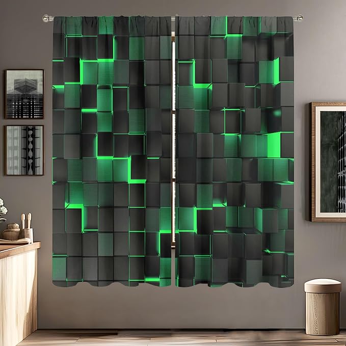 MESHELLY Abstract Black Green Curtains 42Wx63H Inch Rod Pocket Modern Geometric Cubes 3D Gradient Design Futuristic Bedroom Window Drapes Minimalist Man Boys Printed Living Room Window Treatment