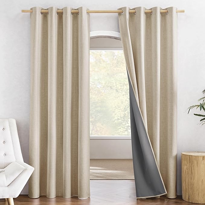 NICETOWN Farmhouse Style 100% Blackout Cream Linen Curtains 90 inches Length, 2 Panels, 52" W, Room Cooling Window Draperies with Thermal Insulated Liners for Dining Room